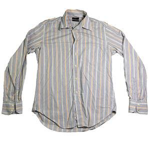 Zara Man Button Up Shirt Mens Medium Blue Orange 100% Cotton Striped Fall Formal